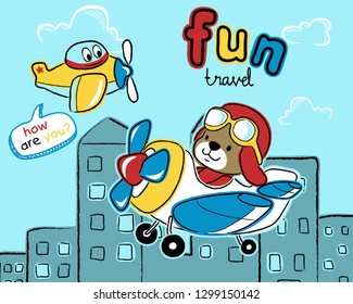 Vector illustration of hand drawn plane with bear pilot on buildings background