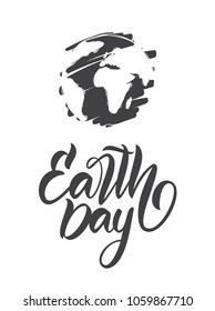 Vector illustration: Hand drawn planet with handwritten lettering of Earth Day on white background. 