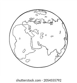 Vector illustration of hand drawn planet earth. Africa, Asia and Europe. Outlined continents and seas. World map in a circle