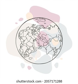 Ilustración vectorial de la tierra del planeta dibujado a mano. África, Asia y Europa. Continentes y mares delineados. Mapa mundial en círculo