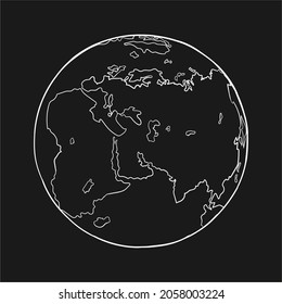 Vector illustration of hand drawn planet earth. Africa, Asia and Europe. Outlined continents and seas. World map in a circle