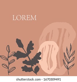 Vector illustration of hand drawn plants in warm colors. The symbol of environmentally friendly products on a natural basis. Packaging design of cosmetics or drugs in a modern style.