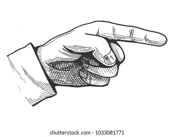 Vector illustration of a hand drawn pointing finger gesture showing direction. Vintage engraving style pointer.