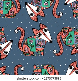 Vector illustration of hand  drawn polka dot patchwork fox, seamless pattern with sketch doodle red tod, winter snowy night, fashion cartoon stylish cute romantic endless texture