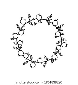 Vector illustration of hand drawn pomegranate wreath. Ink drawing, floral elements, graphic style. Beautiful wedding or greetings design element