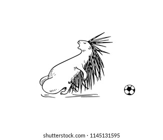 Vector illustration of hand drawn porcupine celebrating a goal. Beautiful ink drawing, funny sport illustration