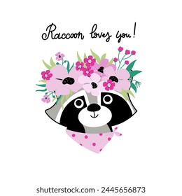 Vektorillustration mit handgezeichnetem Porträt eines niedlichen Waschbären mit Blumenkranz und Text - Waschbär liebt dich. Vereinzelte Illustration für Kinderkarte, Poster oder andere Drucke.