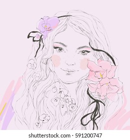 Vector illustration. Hand drawn portrait of cute beautiful woman with pink flowers.