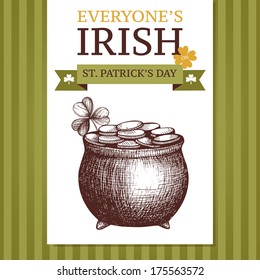 Vector illustration with hand drawn pot with golden coins for St. Patrick's day on striped background.