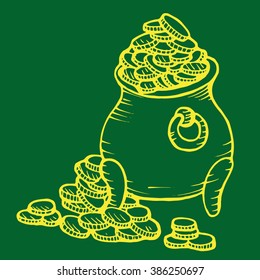 Vector illustration with hand drawn pot with golden coins for St. Patrick's day on striped background.