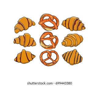 Vector illustration of hand drawn pretzels and regulash. Traditional pastry illustration. Beautiful food design elements.