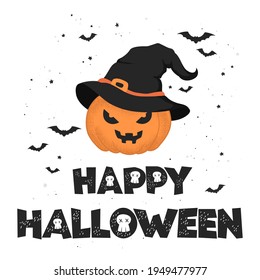 Ilustración vectorial con calabaza dibujada a mano con sombrero de bruja y letras Happy Halloween aislado en fondo blanco. Diseño para afiches, tarjeta de saludo, banner, invitación de fiesta