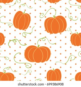 Vector illustration with hand drawn pumpkin background seamless pattern. Cute fall textile design. Autumn template for cloth, package design, wrap, wallpaper, tablecloth, fabric, cloth. Swatch