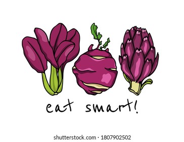 Vector illustration of hand drawn purple vegetables: bok choy, kohlrabi and artichoke. Beautiful food and healthy eating design elements, perfect for food related industry