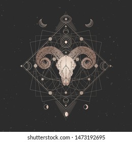 Vector illustration with hand drawn Ram skull and Sacred geometric symbol on black vintage background. Abstract mystic sign. Gold linear shape. For you design and magic craft.
