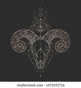 Vector illustration with hand drawn Ram skull and Sacred geometric symbol on black vintage background. Abstract mystic sign. Gold linear shape. For you design and magic craft.