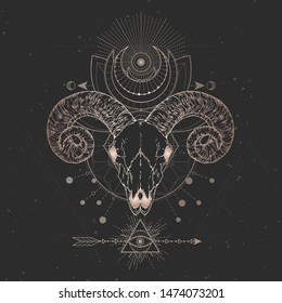 Vector illustration with hand drawn Ram skull and Sacred geometric symbol on black vintage background. Abstract mystic sign. Gold linear shape. For you design and magic craft.