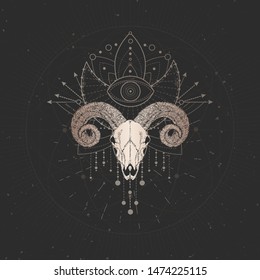 Vector illustration with hand drawn Ram skull and Sacred geometric symbol on black vintage background. Abstract mystic sign. Gold linear shape. For you design and magic craft.