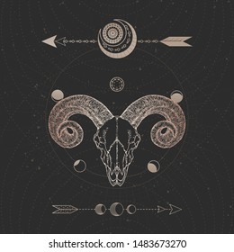 Vector illustration with hand drawn Ram skull and Sacred geometric symbol on black vintage background. Abstract mystic sign. Gold linear shape. For you design and magic craft.