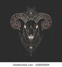 Vector illustration with hand drawn Ram skull and Sacred geometric symbol on black vintage background. Abstract mystic sign. Gold linear shape. For you design and magic craft.