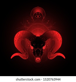 Vector illustration with hand drawn ram skull and Sacred geometric symbol on black background. Abstract mystic sign. Red linear shape. For you design, tattoo or magic craft.