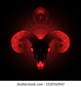 Vector illustration with hand drawn ram skull and Sacred geometric symbol on black background. Abstract mystic sign. Red linear shape. For you design, tattoo or magic craft.