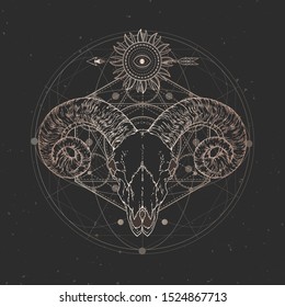 Vector illustration with hand drawn Ram skull and Sacred geometric symbol on black vintage background. Abstract mystic sign. Gold linear shape. For you design and magic craft.