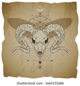 Vector illustration with hand drawn ram skull, dead head moth and Sacred geometric symbol on vintage paper background with torn edges. Abstract mystic sign. Image in sepia color. 