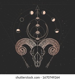 Vector illustration with hand drawn Ram skull and Sacred geometric symbol on black vintage background. Abstract mystic sign. Gold linear shape. For you design and magic craft.