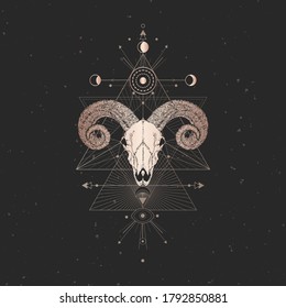 Ilustración vectorial con el cráneo Ram dibujado a mano y símbolo geométrico sagrado sobre fondo vintage negro. Signo místico abstracto. Forma lineal de oro. 