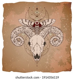 Vector illustration with hand drawn ram skull, dead head moth and Sacred geometric symbol on vintage paper background with torn edges. Abstract mystic sign. Image in sepia  and red color. 