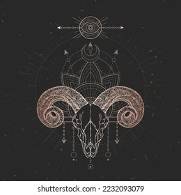 Vector illustration with hand drawn Ram skull and Sacred geometric symbol on black vintage background. Abstract mystic sign. Gold linear shape.