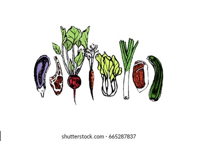 Vector illustration of hand drawn raw meat chops with vegetables. Hand drawn food illustration. Beautiful design elements, charcoal drawing
