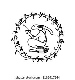 Vector illustration of hand drawn reading hare in floral wreath.  Beautiful ink drawing, vector emblem
