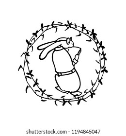 Vector illustration of hand drawn reading hare in floral wreath.  Beautiful ink drawing, vector emblem