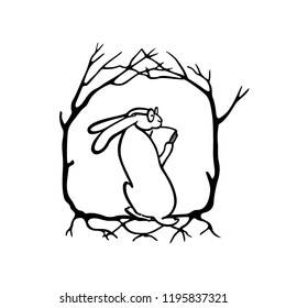 Vector illustration of hand drawn reading hare in floral wreath.  Beautiful ink drawing, vector emblem