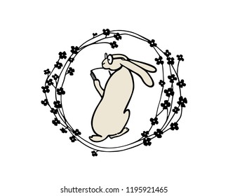 Vector illustration of hand drawn reading hare in floral wreath.  Beautiful ink drawing, vector emblem