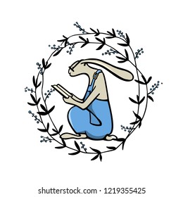 Vector illustration of hand drawn reading hare in floral wreath.  Beautiful ink drawing, vector emblem