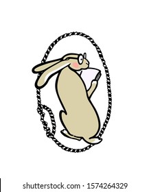 Vector illustration of hand drawn reading hare in nautical rope frame wreath.  Beautiful ink drawing, vector emblem