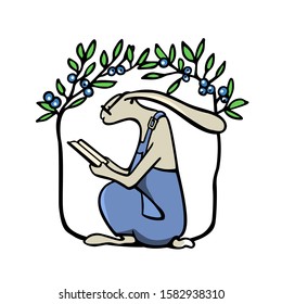 Vector illustration of hand drawn reading hare in cozy floral wreath.  Beautiful ink drawing, vector emblem, logo template