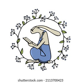 Vector illustration of hand drawn reading hare sitting in leafy floral wreath. Beautiful ink drawing, sweet illustration