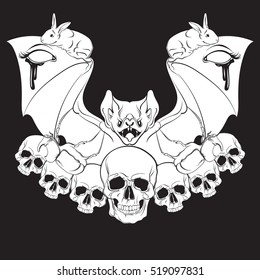 Vector illustration in hand drawn realistic style with skull and bat. Template for poster banner card print for t-shirt. Dark fashion artwork