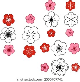 Vector illustration of hand drawn red pink and white graphic blossoms. Cute doodle floral wreath frame set
