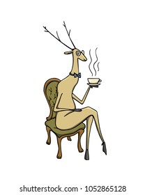 Vector illustration of hand drawn refined deer sitting in a chair with a cup of tea. Beautiful ink drawing, funnyl illustration