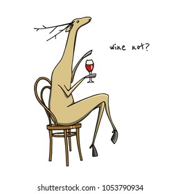 Vector illustration of hand drawn refined deer sitting in a chair with a glass of wine. Beautiful ink drawing, funnyl illustration