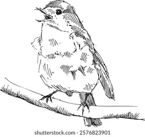 A vector illustration of a hand drawn robin on a branch. Black ink on white