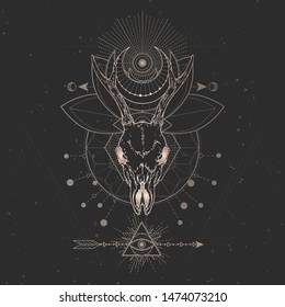 Vector illustration with hand drawn Roe deer skull and Sacred geometric symbol on black vintage background. Abstract mystic sign. Gold linear shape. For you design and magic craft.