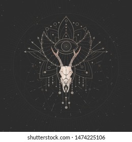 Vector illustration with hand drawn Roe deer skull and Sacred geometric symbol on black vintage background. Abstract mystic sign. Gold linear shape. For you design and magic craft.