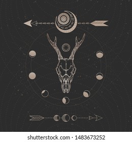 Vector illustration with hand drawn Roe deer skull and Sacred geometric symbol on black vintage background. Abstract mystic sign. Gold linear shape. For you design and magic craft.
