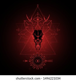 Vector illustration with hand drawn roe deer skull and Sacred geometric symbol on black background. Abstract mystic sign. Red linear shape. For you design, tattoo or magic craft.